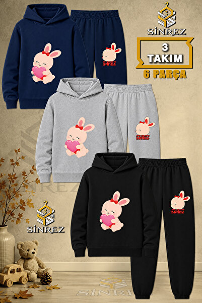 SİNREZ Children's Unisex 3Lu Rabbit in the Lap Pink Heart Printed Hooded Trac...
