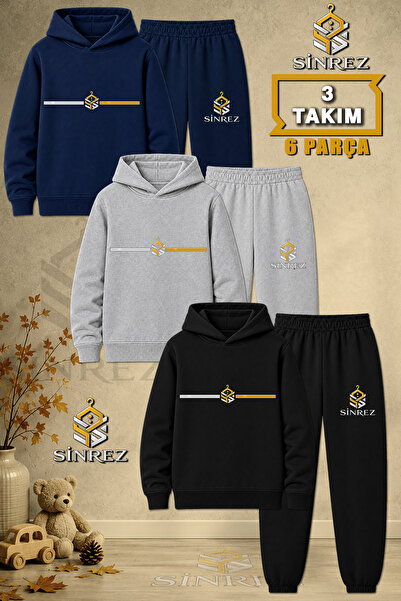 SİNREZ Children's Unisex 3Lu Logo Side Single Line Printed Hooded Tracksuit Set