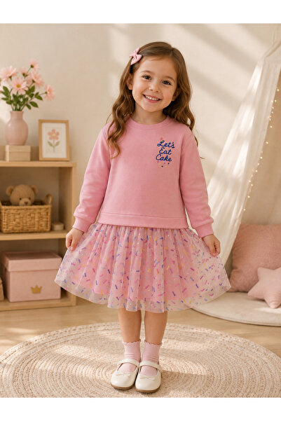 buzy kids concept Pembe Lets Baskılı Tüllü Kız Çocuk Elbise 4 Yaş-7 Yaş