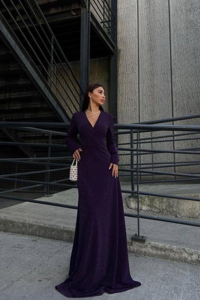 Euro Class Crepe Fabric Double Breasted Collar Slit Maxi Evening Dress