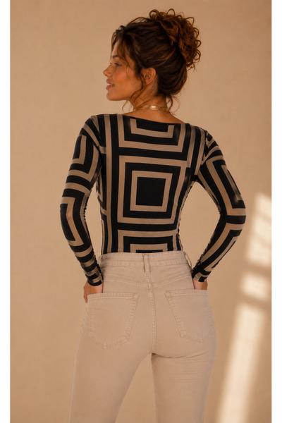 Be Best Women's Camel-Black Patterned Square Neck Blouse Be510
