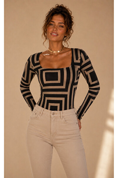 Be Best Women's Camel-Black Patterned Square Neck Blouse Be510