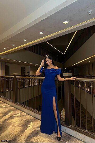 Euro Class Square Neckline Slit Short Sleeve Evening Dress