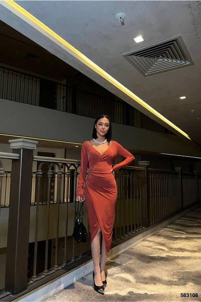 Euro Class Double-Breasted Collar Stone Detailed Long Sleeve Evening Dress