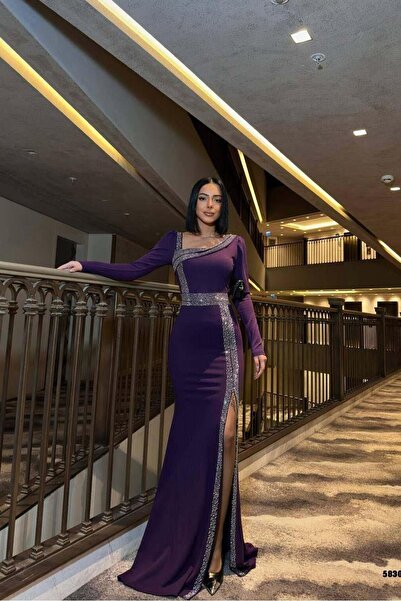 Euro Class Crew Neck Stone Detailed Maxi Evening Dress