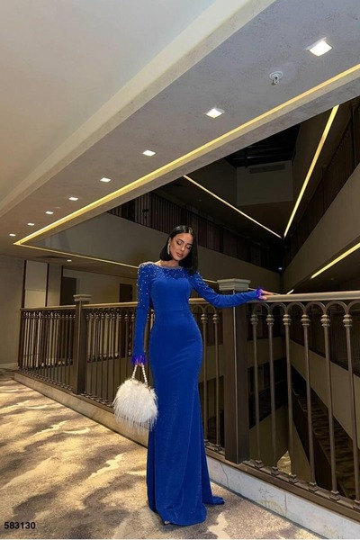 Euro Class Crepe Fabric Degaje Collar Low-Cut Evening Dress