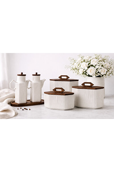 Pembelia Life 6 piece kitchen set with acacia coaster, 2 piece porcelain oil ...