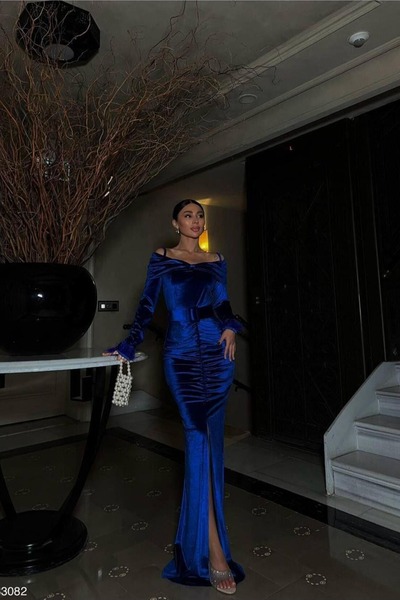 Euro Class Velvet Fabric Double Breasted Collar Maxi Evening Dress