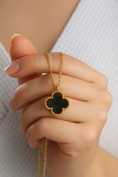 925 Ayar Gümüş Gold Kaplama Zirkon Taşlı Hematit Kadın Kolye