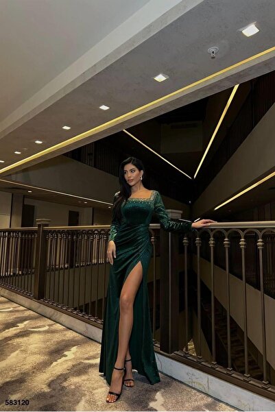 Euro Class Velvet Fabric Square Collar Evening Dress with Stone Detail
