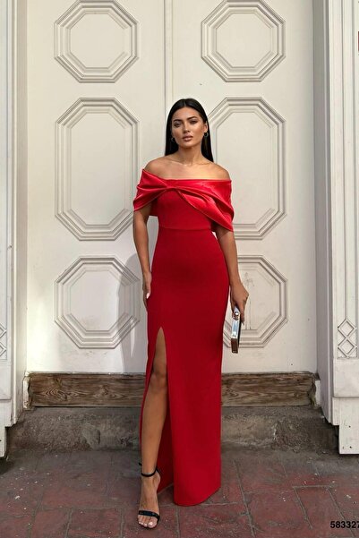 Euro Class Stretchy Satin Fabric Carmen Collar Slit Evening Dress