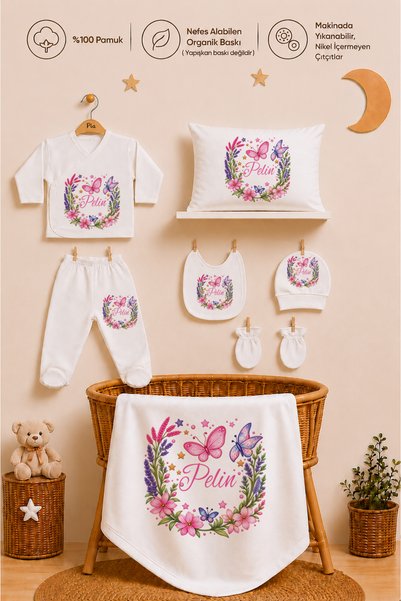 Pia Baby İsme Özel %100 Pamuk Kız Bebek Hastane Çıkışı Zıbın Seti Organi Bask...