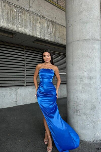 Euro Class Satin Fabric Strapless Evening Dress with Stone Detail