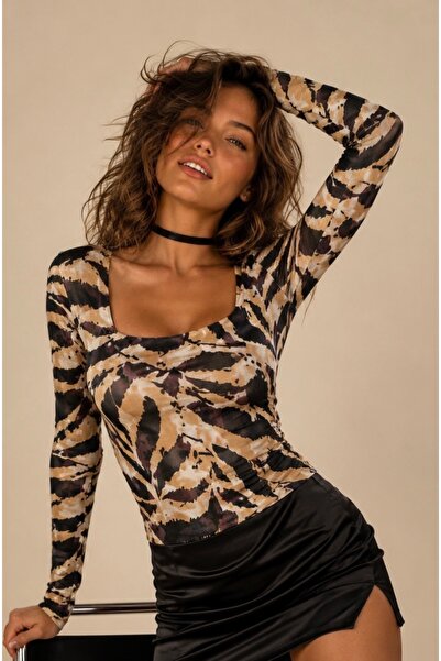 Be Best Women's Camel Patterned Square Neck Blouse Be510