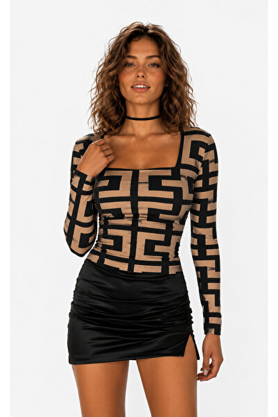 Be Best Women's Black-Camel Patterned Square Neck Blouse Be510