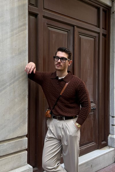 Livio Ferri Dovra Premium Pulover tricotat gros pentru bărbați, cu guler polo și nasturi, maro