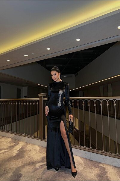 Euro Class V-Neck Long Sleeve Evening Dress with Stone Detail