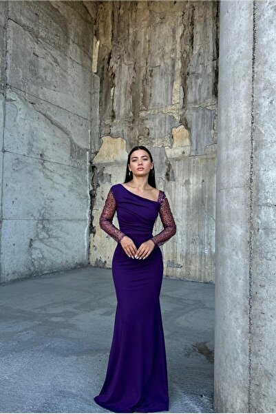 Euro Class Asymmetrical Collar Stone Detailed Maxi Evening Dress