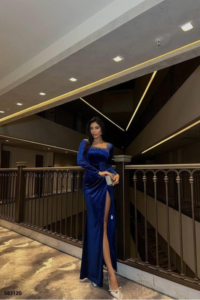 Euro Class Velvet Fabric Square Collar Evening Dress with Stone Detail