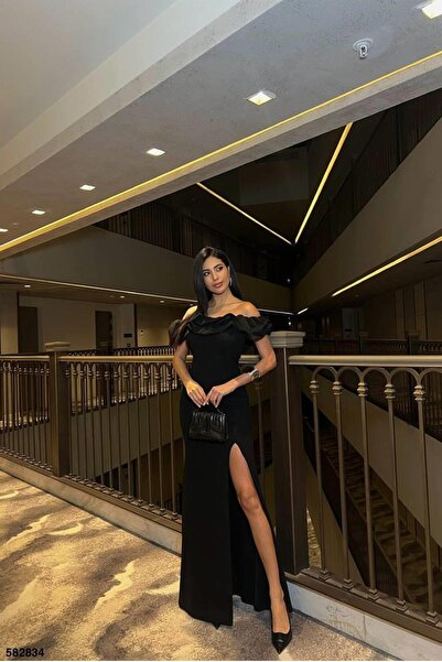 Euro Class Square Neckline Slit Short Sleeve Evening Dress