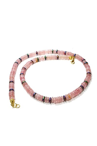 ILGIN DOĞAL TAŞ TAKI Genuine Pink Quartz and Hematite Necklace - Disc Cut wit...
