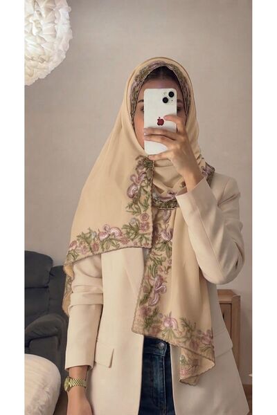 Veil Designer طرحة بوال بيج تطريز ثلاثه اطراف القماش بوال ياباني طبقتين 190*55