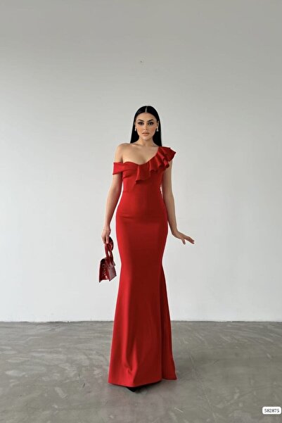 Euro Class Scuba Stretch Fabric Boat Neck Flounce Evening Dress