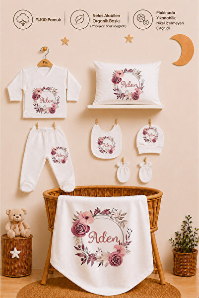 Pia Baby Kız Bebek Hastane Çıkışı 7 Parça %100 Pamuk İsimli Zıbın Seti Yastık...