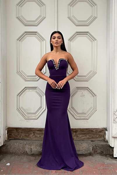 Euro Class Crepe Fabric V-Neck Fish Cut Evening Dress