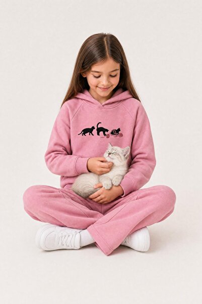 Perendi Girl's Hooded Fleece-Lined Cat Embroidered Winter Set