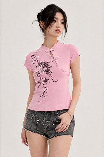 None Wear Pembe Mandarin Yaka Çiçekli Qipao Vintage Y2K Kısa Kollu Crop
