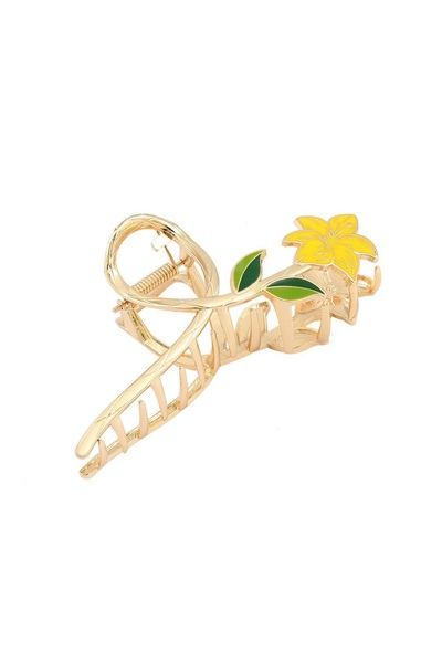 Glamluxe Stylish Metal Hair Clip with Gold Color, Yellow Flowers and Green Le...