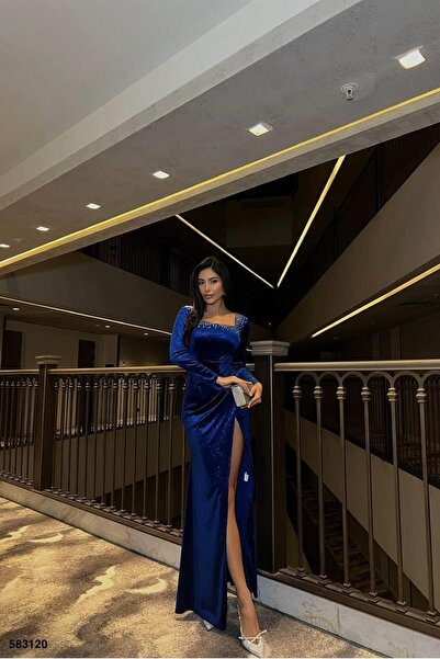 Euro Class Velvet Fabric Square Collar Evening Dress with Stone Detail