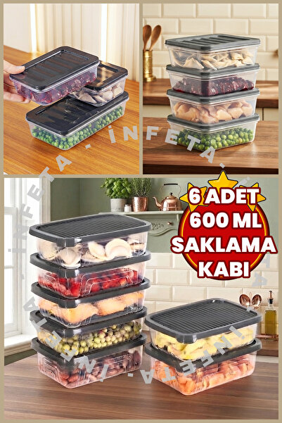 İnfeta 6 Pieces 600 ml Microwave and Freezer Safe Storage Container with Gray...