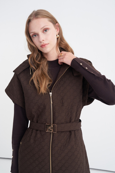 Zühre Hooded Buckle-Decorated Diamond Patterned Brown Vest 0104