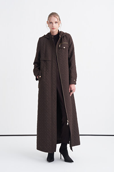 Zühre Hooded Belted Long Brown Overcoat 13993