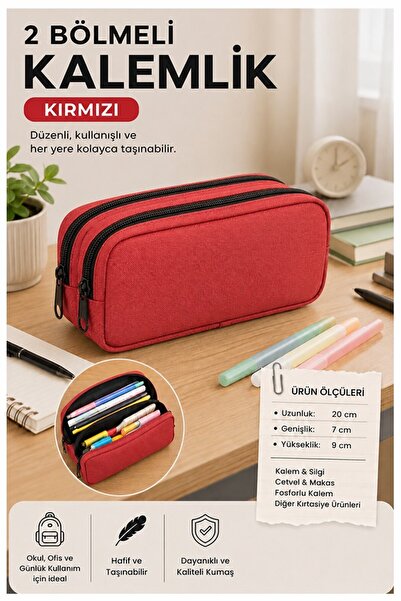 Artmaster Kırmızı Bez Kalemlik 1 Adet Stilo KL22 İki Bölmeli Fermuarlı Bez Ka...