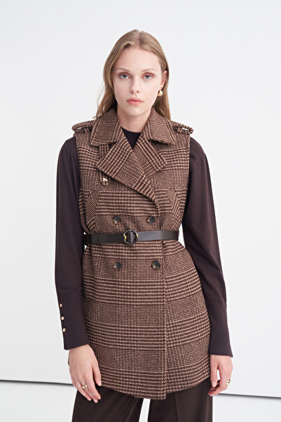 Zühre Plaid Brown Vest with Belted Epaulettes 0106