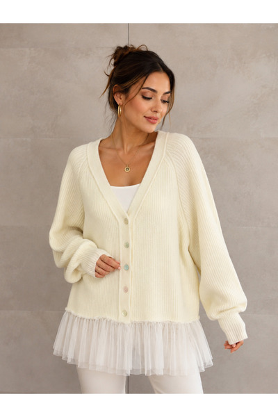 STYLE STOP Kadın Etek Ucu Tül Detaylı Oversize Düğmeli Triko Hırka