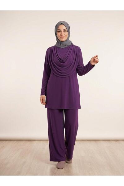Kadın Degaje Yaka Dökümlü Jarse Tunic & Geniş Paça Pantolon İkili Takım