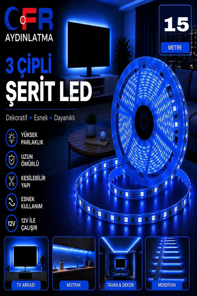 CFR LED AYDINLATMA 3 Çipli Iç Mekan 12V Şerit Led Beyaz,Günışığı,Amber,Mavi,K...