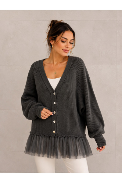 STYLE STOP Kadın Etek Ucu Tül Detaylı Oversize Düğmeli Triko Hırka