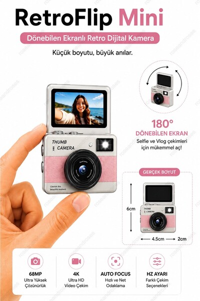 RoseandRoses RetroFlip Mini Dönen Ekranlı Retro Efektli Dijital Kamera (Pembe)