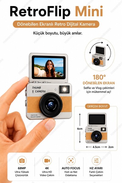 RoseandRoses RetroFlip Mini Dönen Ekranlı Retro Efektli Dijital Kamera (Turuncu)