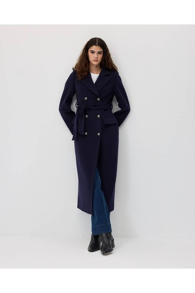 IDA Collection Medallion Buttoned Double-Breasted Coat Navy Blue