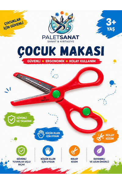Palet Sanat Çocuk Makası Küt Uçlu Yaylı Plastik Korumalı Okul Öğrenci Makası