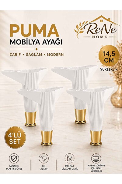 ReNe HOME 14,5 cm Puma Mobilya Ayağı (4 Adet Beyaz-Altın) Robot Süpürge Uyuml...