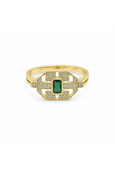 Sembol Gold Taşlı Zümrüt Görünümlü Modern Altın Yüzük