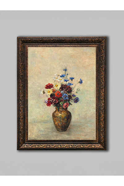 WoodyArts Vazoda Renkli Çiçekler Bronz Eskitme Çerçeveli Dekoratif Salon Duva...