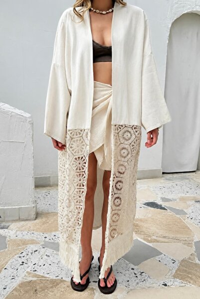 ROYAL'S AURA Güpürlü Püsküllü Keten Kimono